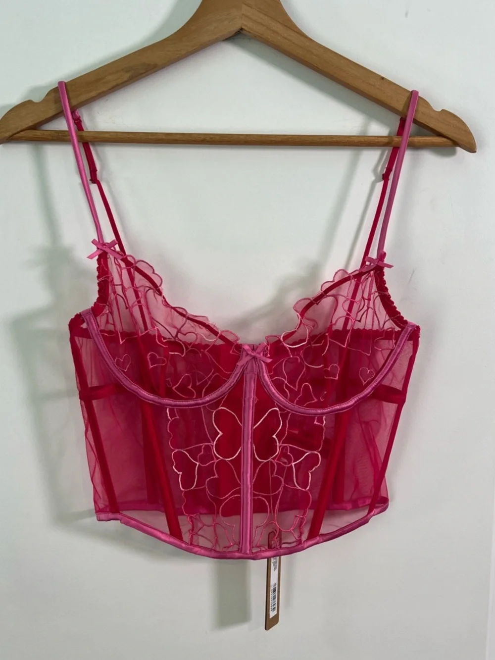 NWT SKIMS Embroidered Tulle Corset Top Size Small Hearts Pink Punch - Picture 2 of 4